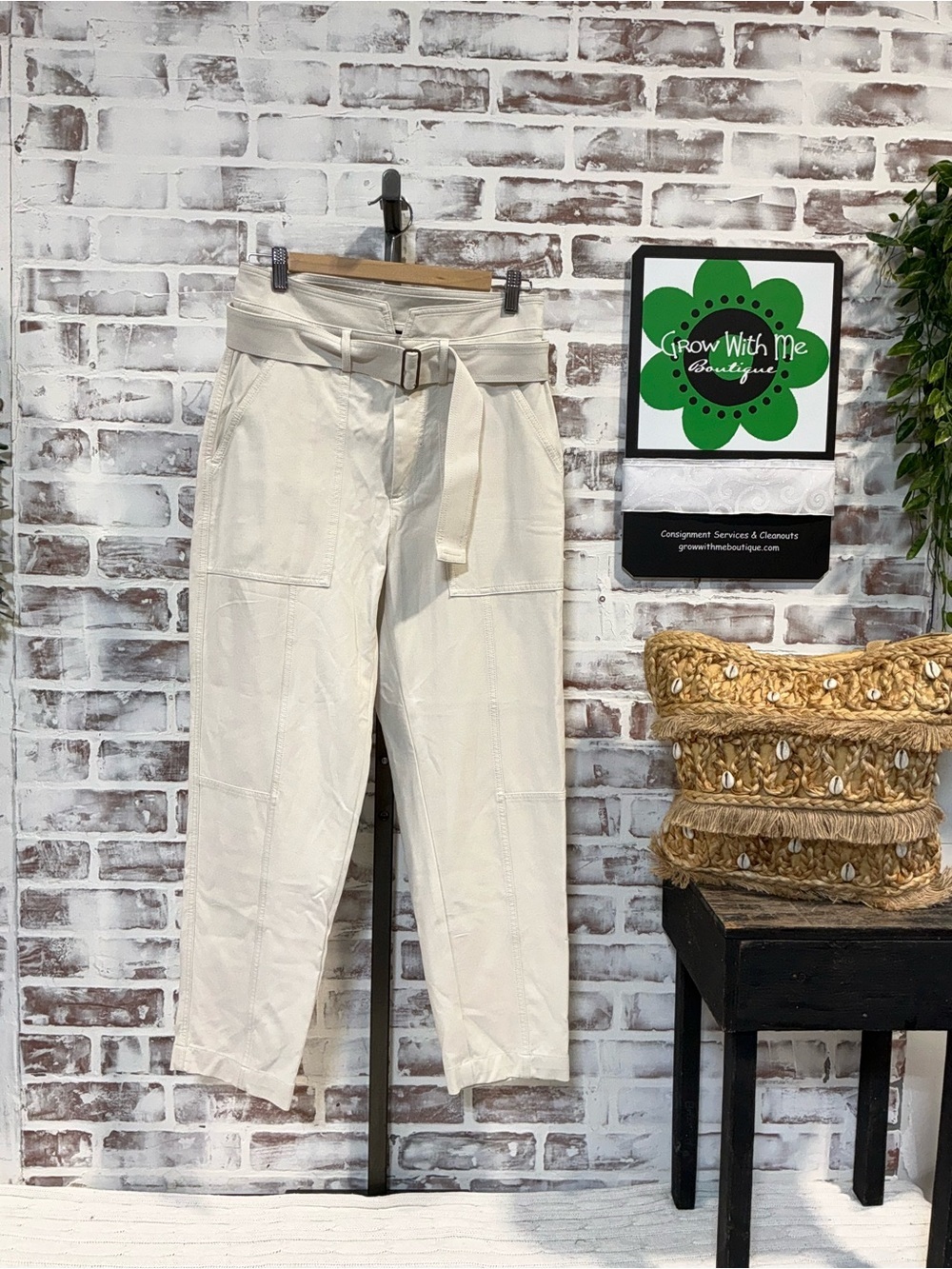 Banana Republic Cream High-Rise Belted Trousers